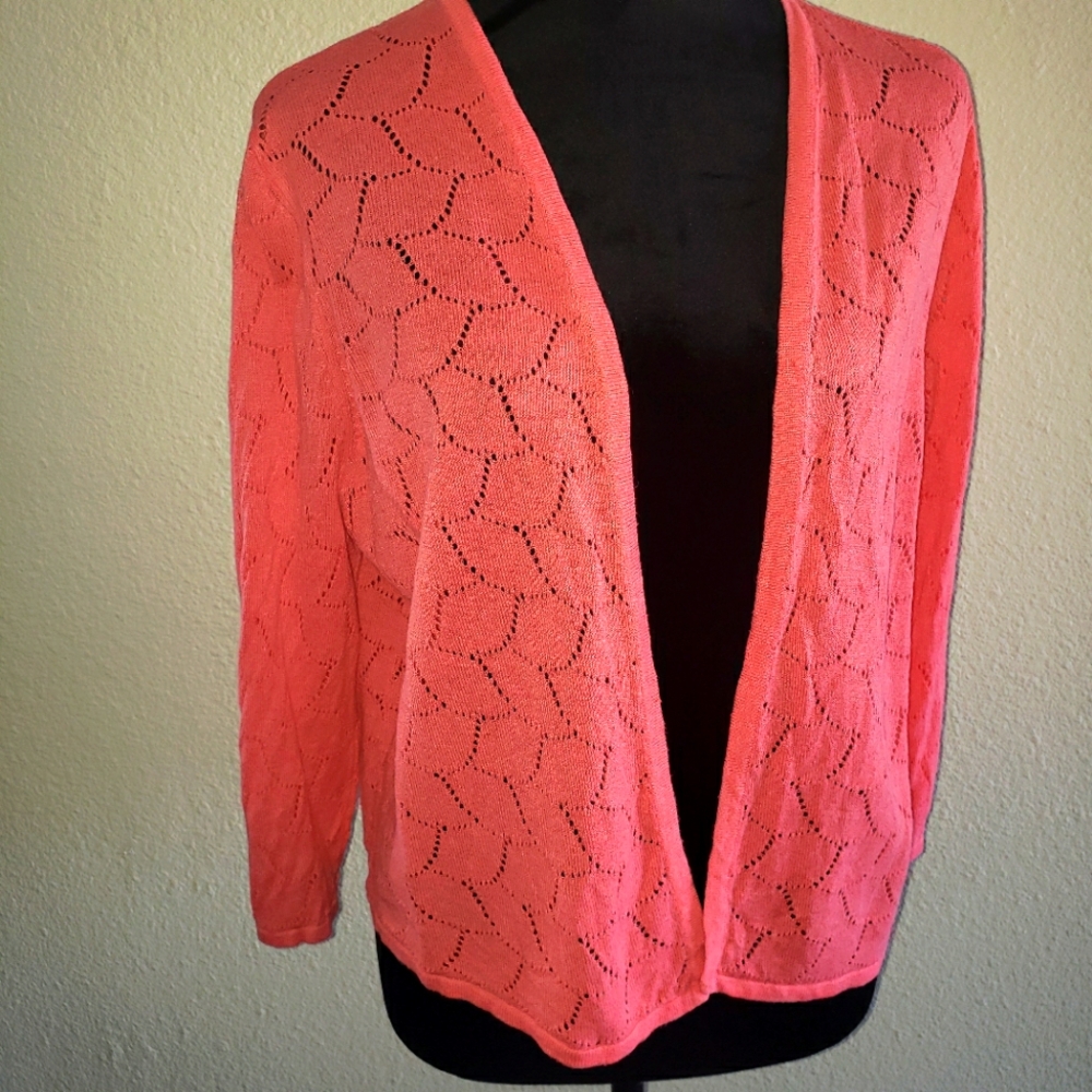Coral-colored, Open-front Cardigan Sweater w/a Pointelle Knit Pattern Women's L